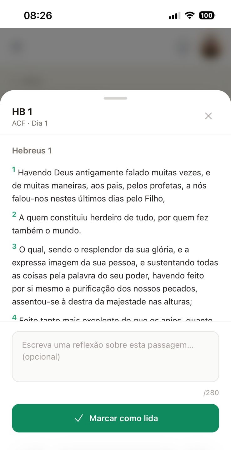 Leitura bíblica do dia no Ramo Vivo com o texto do capítulo, espaço de reflexão e botão de marcar como lida