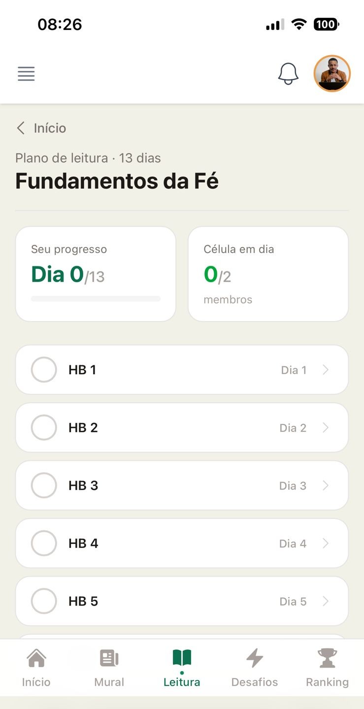Plano de leitura bíblica no Ramo Vivo mostrando o progresso da célula e a sequência de capítulos por dia